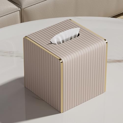 Tissue Box Cover,Beige Cube Leather Tissue Box Holders with Gold-Tone Edging Accents,Decorative Tissue Covers for Bathroom Toilet Bedroom Living Room Table Desk Office Car,Decor Aesthetic - color: Beige, size: Square Standard