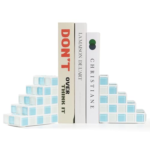 Decorative Bookends for Shelves - Stair Book Ends for Heavy Books - Unique Book Stopper & Holder for Shelves - Modern Home Decor Aesthetic Bookshelf Decor (Light Blue & White) - color: Light Blue & White