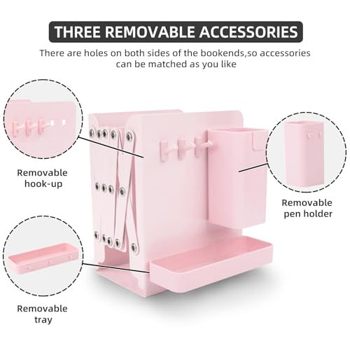 Adjustable Bookends, 19" Metal Book Ends for Heavy Books, 2 Dividers Bookends with Removable Pen Holder, Tray, and 3 Hook-up, Book Organizer for Office, School, Bookstore, Home - color: Pink