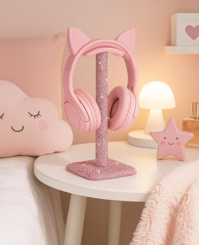 Luxury Rhinestone Headphone Stand – Cute Crystal Headset Holder for Gamer Girl Desk Setup – Bling Kawaii Desk Accessories with Soft Headrest – Aesthetic Gift for Daughter & Girlfriend (Pink) - color: Pink Sparkle