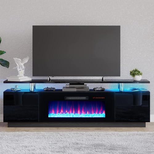 AMERLIFE Fireplace TV Stand with 36" Fireplace, 70" Modern Fireplace Entertainment Center LED Lights, 2 Tier TV Console Cabinet for TVs Up to 80", Obsidian Black - color: Black, size: 70"