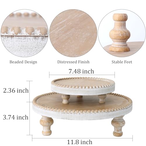 SwallowLiving Rustic Set of 2 Round Wood Tray Riser Farmhouse Pedestal Stand with Beaded Edge for Decor Wooden Finish Cupcake Display for Cakes and Decorative Items 11.8/7.5 inches - color: Set of 2 Burlywood