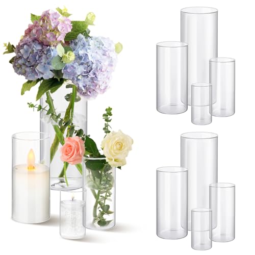 12pcs Clear Glass Cylinder Vases, 4, 6, 7.5, 10 Inch Tall Cylinder Vases for Centerpieces,Glass Flower Vase Hurricane Floating Candle Holder Vase for Wedding, Table Shelf, Party,Home Decor,Gift