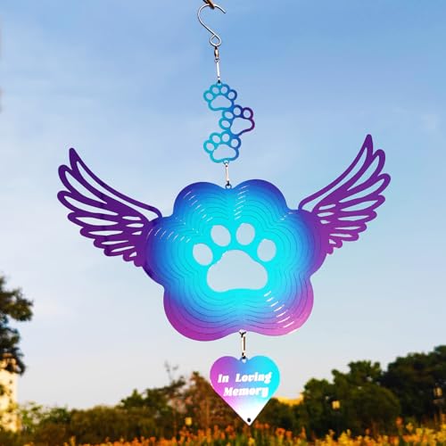 Pet Memorial Wind Spinners, Cat Memorial Gifts,Stainless Steel Angel Wings Pet Paw Print,Dogs and Cats Remembrance, Pet Sympathy,Pet Loss Bereavement Gifts - color: Purple-blue Paw Print
