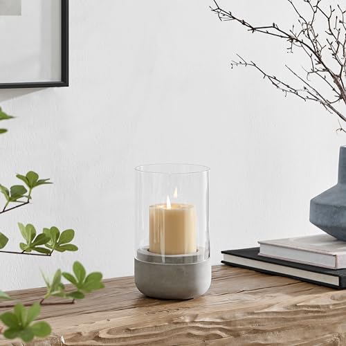 Danya B. Modern Cool Gray Cement Base and Glass Pillar Hurricane Candle Holder (Small)
