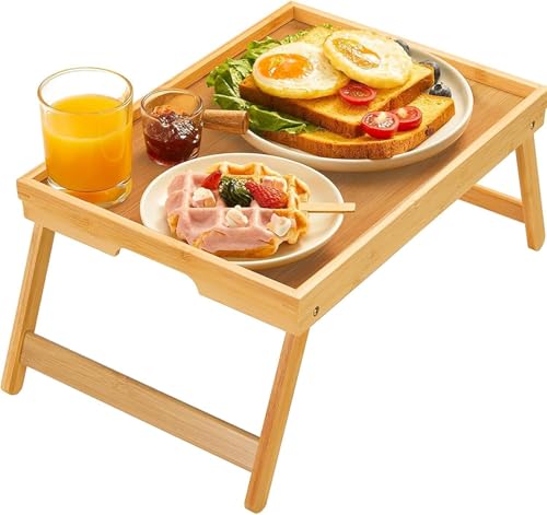 Bamboo Bed Tray Table with Foldable Legs, Breakfast Tray for Sofa, Bed, Eating, Working, Used As Laptop Desk Snack Tray by Pipishell - color: Yellow, size: 16.3" x 11.8" x 6"
