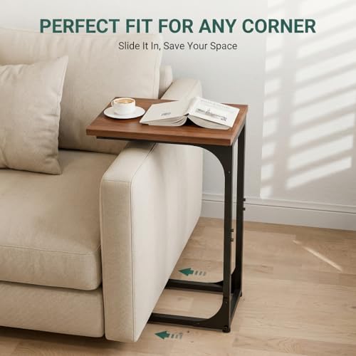 TEMI C Shaped End Table for Couch - Small Side Table and TV Tray for Eating or Laptop, Accent Desk for Chair or Sofa, Easy Assembly, Space-Saving Design for Living Room or Bedroom,Rustic Walnut - color: Rustic Walnut