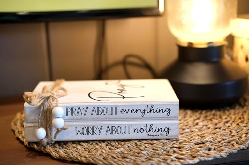 LIVDUCOT Faux Books for Christian Decoration, Decorative Wooden Book Stack for Bible Verse Home Decor - Pray About Everything Worry About Nothing Sign - color: Pray about everything worry about nothing