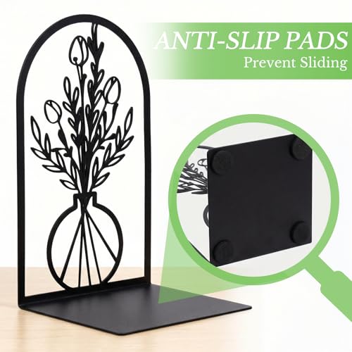 Sanwarm Metal Bookends Flower Vase Floral Book Ends Decorative Bookend for Home Office Library Desk Book Shelves Decor, Gift for Reading Enthusiasts Non-Skid Book Stoppers Holder (Black 3 Pair) - color: Floral