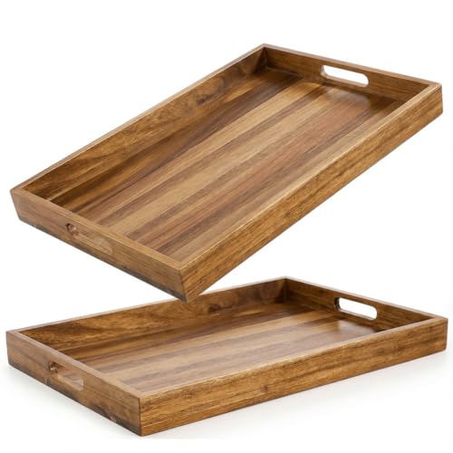 YOUEON 2 Pack 17 x 12 Inch Acacia Wood Serving Tray with Handles, Large Wooden Tray for Ottoman, Breakfast in Bed, Dinner, Coffee Table, Perfect for Living Room, Bedroom & Kitchen