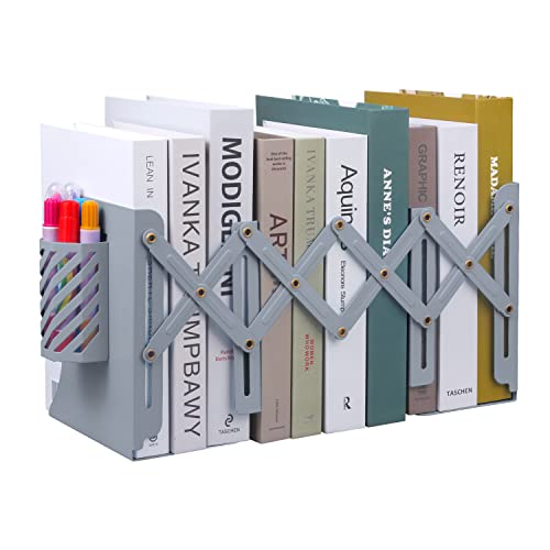MSDADA Adjustable Bookends, Book Ends for Heavy Books, Expandable Book Organizer with Pen Holder for Desk, Shelf, Office,School, Thanksgiving for Students and Teachers (Grey) - color: Gray
