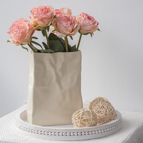 Relexome Paper Bag Vase Crinkle Wide Ceramic Flower Vase Cream White Boho Wabi-Sabi Vases, Cute Home Office Living Room Decor Aesthetic Unique Bookshelf Decorative, Bouquet Gifts for Women Girl 8 Inch - color: Cream White