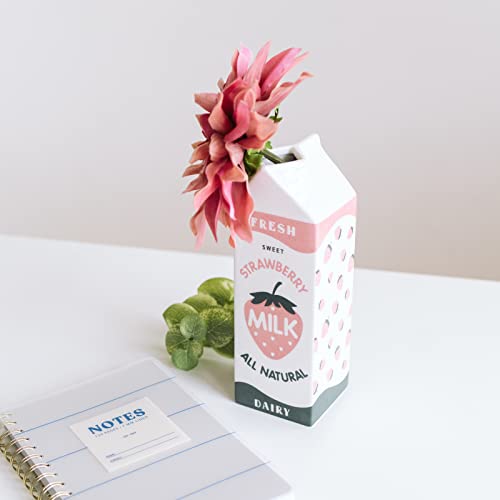 Retro Strawberry Milk Carton vase –Vintage Inspired Kawaii Ceramic -Pink Strawberry Flower vase -Cute Accent Decor for Your Home Kitchen Office