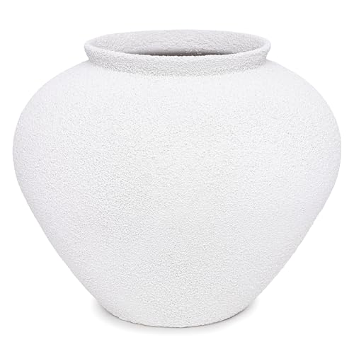 Rustic Rough-Textured Ceramic Vase, Handcrafted Texture Decorative Accent, White, 11.5" Wide x 9.75" Tall