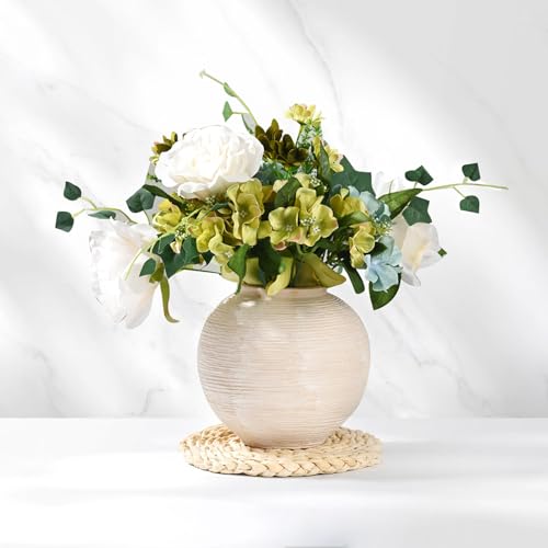 Rustic Farmhouse Vase Home Decor - 6 in Ceramic Boho Decorative Vase for Decor, Round Clay Whitewashed Terracotta Bowl vase for Living Room, Table, Shelf, Centerpieces - style: 02 - Small Rustic Ribbed Whitewash
