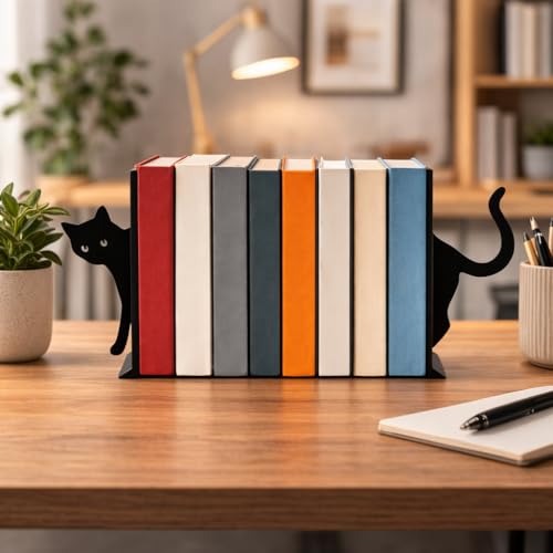 3D Printed Cat Bookends – Cute Peeking Cat Book Ends for Shelves, Decorative Plastic Bookends for Bookshelf Organizer, Desk Book Holders for Home Office Decor, for Cat Lovers and Readers
