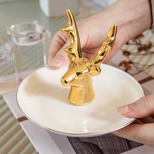 Gold Deer Ring Holder Dish, Ceramic Jewelry Tray Trinket Dish for Necklace Keychain Organizer, Cute Funny Birthday Wedding Mothers Day Gift for Women Friends Girls - style: Gold Deer