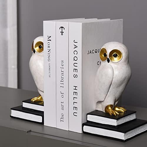 Book Ends for Shelves, Owl Decorative Bookends Bronze Bird Book Stopper Unique Kids Book Holders with Anti-Slip Base Luxurious Bookends for Kids Rooms Office Home Decor(White) - color: Owl-white
