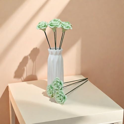 Handmade Porcelain 3D Ceramic Rose Flower, Eternal Flower Decoration for Home Office Decor, Creative Desktop vases, Porcelain Decorations, Exquisite, Set of 6 (Green) - color: Green