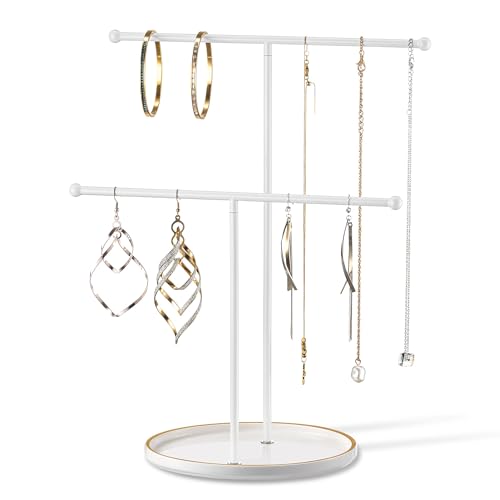 White Jewelry Holder Stand with Ceramic Tray: Small Hanging Necklace Organizer Tree for Earrings, Bracelets, Rings – Jewelry Display Hanger for Women & Girls, White - color: white tray white bar