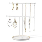 White Jewelry Holder Stand with Ceramic Tray: Small Hanging Necklace Organizer Tree for Earrings, Bracelets, Rings – Jewelry Display Hanger for Women & Girls, White - color: white tray white bar