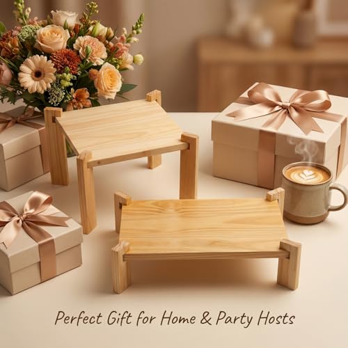 2Pack Solid Pine Wooden Display Stand, Easy to Assemble Foldable Food Rack for Fruits, Desserts and Snacks, Perfect for Parties, Restaurants, Cafes, Camping, Hotels and Wedding Table Decor
