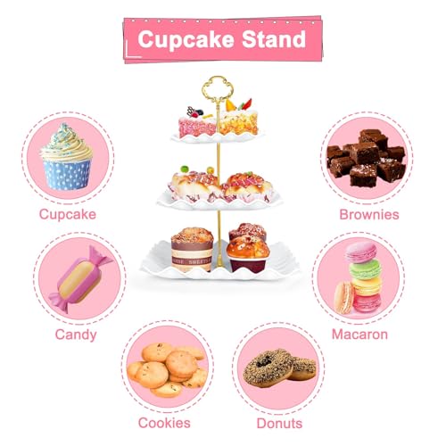 5 Pcs Dessert Display Stands, 2pcs Dessert Stands 3 Pcs Tray, Pink Dessert Display Stands, Treat Table Displays Set for Wedding Baby Shower Tea Party, Ease of Cleaning and Assembly - color: Pink