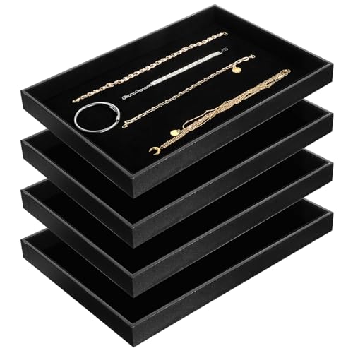 Velvet Jewelry Trays 4 Pcs Black Stackable Jewelry Organizer Trays for Earring Necklace Bracelet Ring Jewelries Storage Display Case - color: Black-4pcs