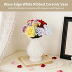 White Wavy Edge Ceramic Vase, Modern Ribbed Flower Vase for Home Decor, Scalloped Opening Pedestal Vase, Minimalism Elegant Table Centerpiece for Dining Table Mantle Bedside Shelves