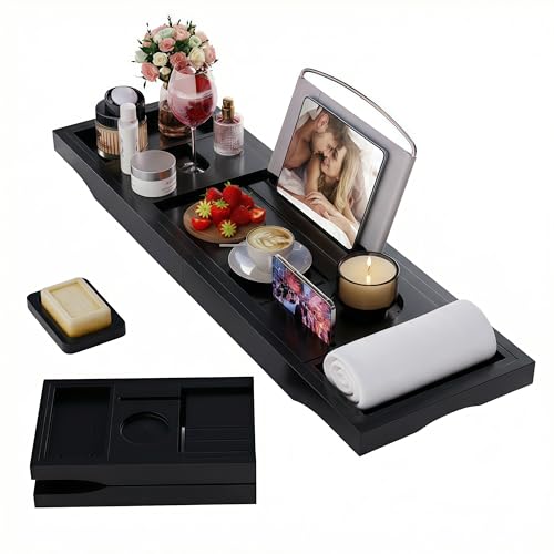 Foldable Bathtub Caddy Tray, Bamboo Bath Tub Tray Table for Tub with Wine Glass Holder Book Phone Tablet Holder with Extending Sides, Adjustable Bathroom Bathtub Free Soap Holder Gift Idea (Black) - color: Black