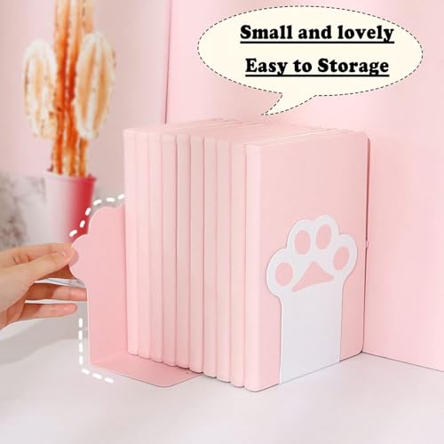 2 Sets Cat Paw Metal Bookends Cute Desktop Bookshelf Sturdy Cartoon Bookshelf for Home and Office Decoration - color: 1 Set Pink+1 Set White