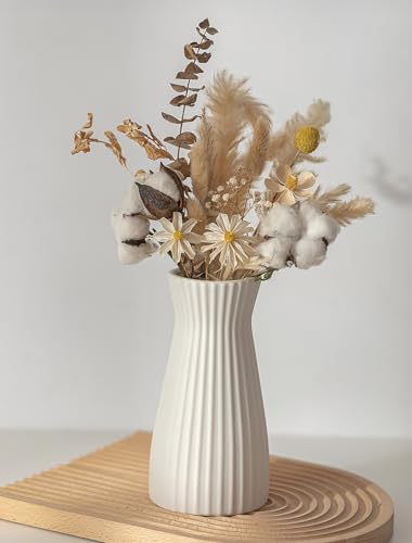 NUPTIO White Ceramic Flower Vase: 7.9" Tall Unglazed Pampas Grass Vases for Building Block Flowers - Modern Decorative Table Centerpiece for Home Living Dining Room Kitchen Decor - style: Ribbed