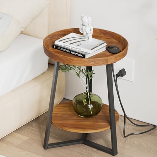 Gadroad Round End Table with Charging Station, USB Ports, Wood Tabletop & Black Metal Frame, 2-Tier Side Table for Living Room, Bedroom, Brown 15.7 * 15.7 * 23.0inches - color: Brown, style: with Charging Station