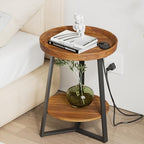 Gadroad Round End Table with Charging Station, USB Ports, Wood Tabletop & Black Metal Frame, 2-Tier Side Table for Living Room, Bedroom, Brown 15.7 * 15.7 * 23.0inches - color: Brown, style: with Charging Station