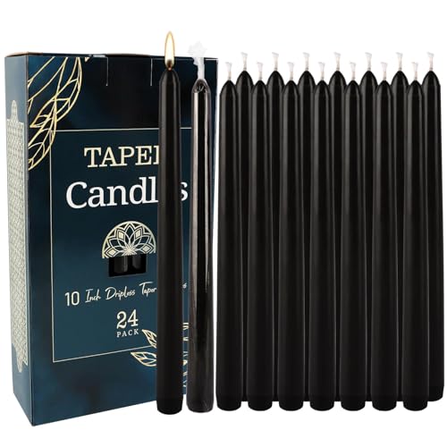 24 Pack Black Taper Candles, 7-8 Hours Burn Time, Unscented, Smokeless and Dripless, 10 Inch Dinner Candle Set for Household, Wedding, Party and Home Décor Candlesticks. - color: 24Pack-Black-10inch-Dripless
