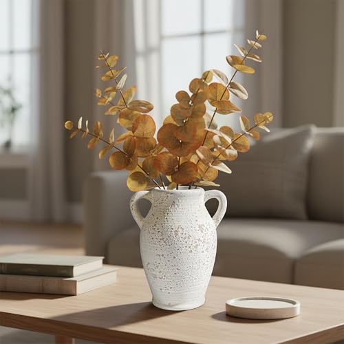 Sunddo Rustic Ceramic Flower Vase with 2 Handles, Textured Farmhouse Vase, White Modern Decorative Vases, Living Room, Shelf, Mantle, Entryway, Fireplace Decor - color: White - 8, size: 8 Inch