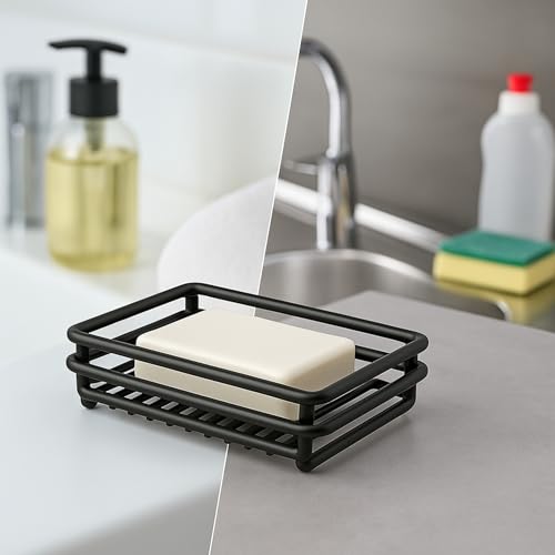 Creative Home Metal Wire Soap Dish Tray Rust-Resistant Iron Bathroom Holder with Black Powder Coating Bar Soap Rack for Shower Sink Kitchen Vanity, 3.1 x 4.4 x 1 H Inch - color: Black