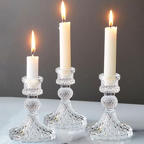 Glass Candlestick Holder Taper and Pillar Candle Holder Desktop Decoration for Wedding Dinning Party-3 Packs - color: Clear