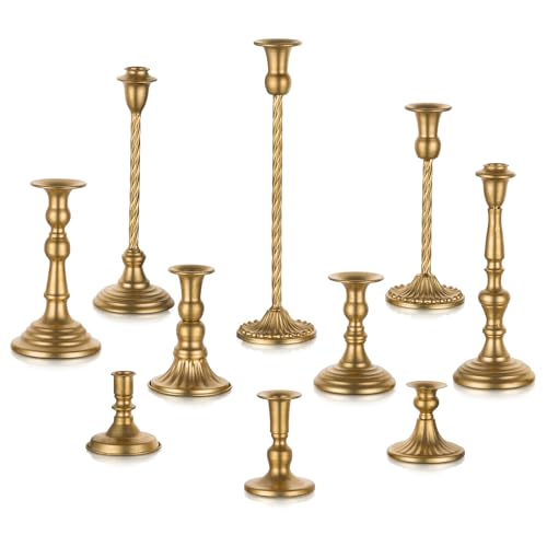 Candeldo Candlestick Candle Holders Gold: Tall Taper Candles Stick Holder Wedding Decor Set of 10 Dinning Table Centerpiece Vintage Metal Candle Stand - color: Gold