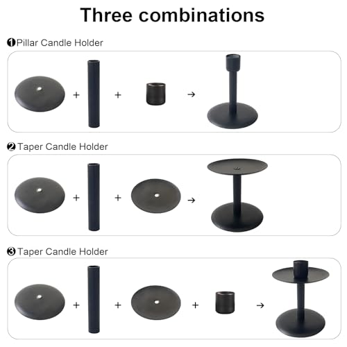 Set of 7 Metal Black Candle Holders, Assemblable Pillar and Taper Candlesticks, Halloween Fall Thanksgiving Day Dining Table Centerpieces Decor, Mantle Fireplace Candle Sticks Decorations