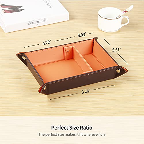 YAPISHI Key Dish Bowl for Men, Entryway Catchall Holder Bedside Table Valet Tray for Pocket Stuff, PU Leather Nightstand Organizer for Dice/Coins/Wallet/Watch/Rings/Sunglasses, Dresser/Coffee Table - color: X-orange