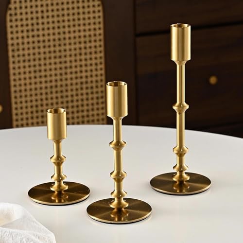 Gold Candle Holders, Modern Taper Candle Holders for Table Mantel Dining Wedding Home Decor, Brass Candlestick Holders Set of 3