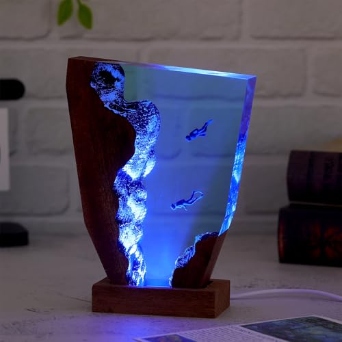 Drawelry Ocean Creative Epoxy Resin Wood Light Lamp, Handmade Multi Color Aquatic Ocean Lamp Deep Sea Diver Cave Diving Enthusiasts Led Night Light Desktop Decor Christmas Birthday Gift (Diving, S) - color: Diving