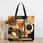 Beige And Black Objects Tote Bag for Women, Large PU Leather Handbag, Reusable Shopping Bag for Work, Travel, Beach