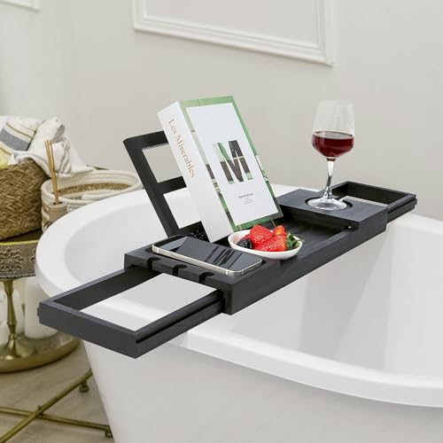 Utoplike Bamboo Bathtub Tray Black, Adjustable Bath Caddy Table for Tub, Bathroom Organizer with Book Tablet Wine Glass Cup Towel Holder - color: 19.8-33.5 in Black