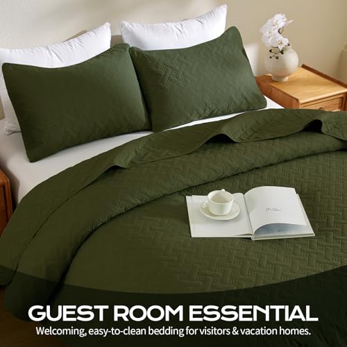 JYHOPE Olive Green Twin Quilt Set 68x90 Lightweight Microfabric Bedspread, 3-Piece Quilt Bedding with Pillow Shams, Summer Cooling Quilts, Ribbon Wrapped Gift - color: Weave Pattern-olive Green, size: Twin(68x90)