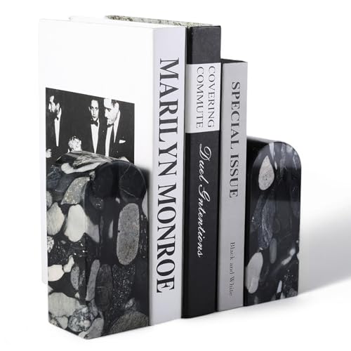 Koville Luxury Marble Bookends for Shelves, Decorative Stone Book Ends, 7lbs Heavy-Duty Marble Book Holders, Bookshelf Apartment Decor for Normal Books/CD/Video Games - color: Black Gold Marinace, size: 7lb