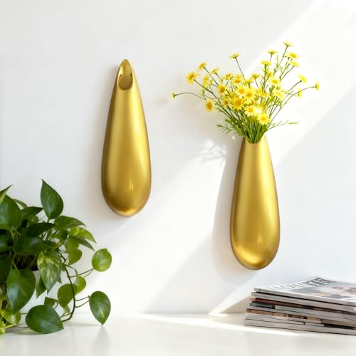 Sculptural Wall Ceramic Vase — 2 Pack Gold Hanging Sconce Vase | Turn Flowers into Art — Decorative Ceramic Wall Sconce for Single Stem Displays - size: 2pcs-Large
