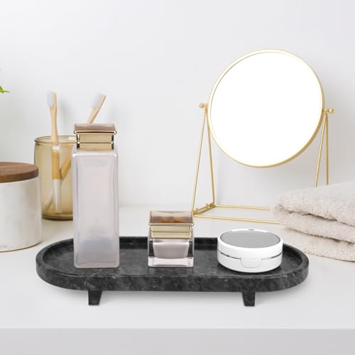 Marble Oval Bathroom Vanity Tray with Leg,Natural Stone Small Decorative Tray,Soap Dispenser Dresser Top Perfume Home Kitchen Toilet Tray for Soap Bottles, Key Trinket Ring (Black Grey)