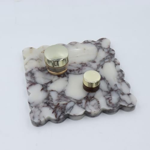 Square Marble Decorative Tray with Scalloped Edge, Luxury Natural Stone Bathroom Vanity Tray, Dresser Top Perfume Coffee Home Kitchen Sink Tray, Key Trinket Ring - color: Bvlgari Purple